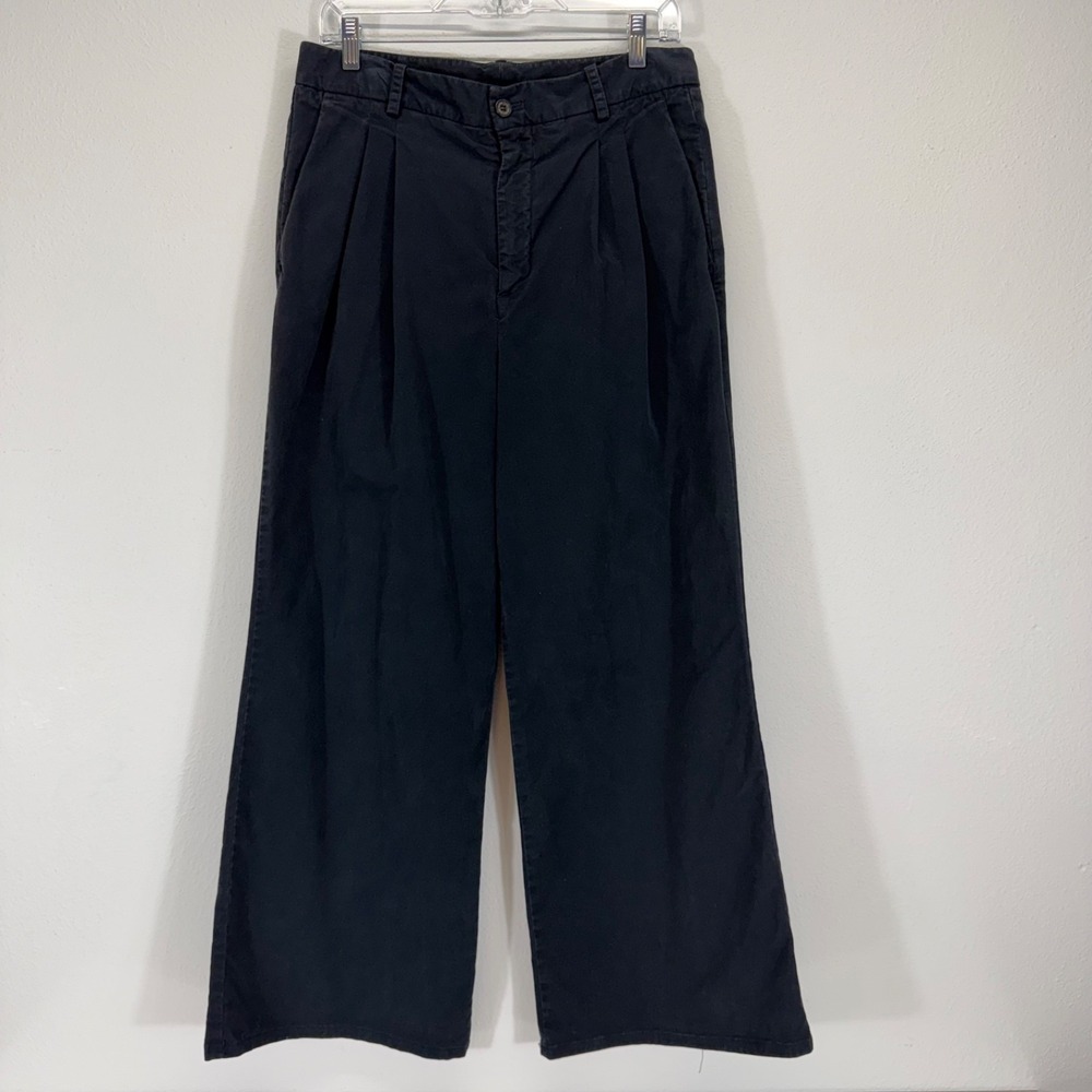 Nili Lotan Pleated Wide Leg High Rise Cotton Chino Black Trouser Ankle Pants 10